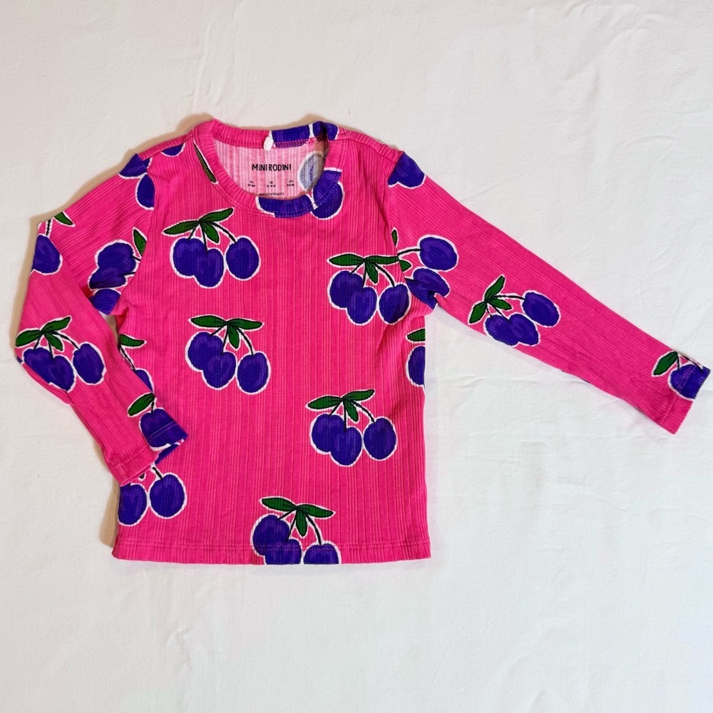Mini Rodini Plum AOP Tee Girls 9-18M Pink Ribbed Long-Sleeve Top Organic Cotton
